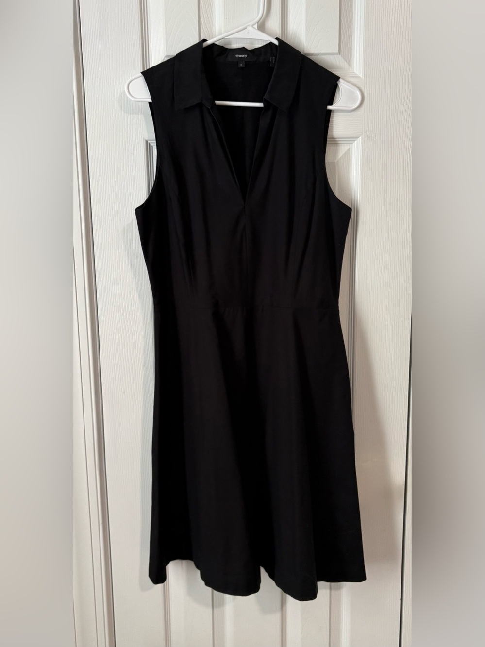 Theory Collared Flare Dress in Black Cotton Poplin, Size 10, $35
